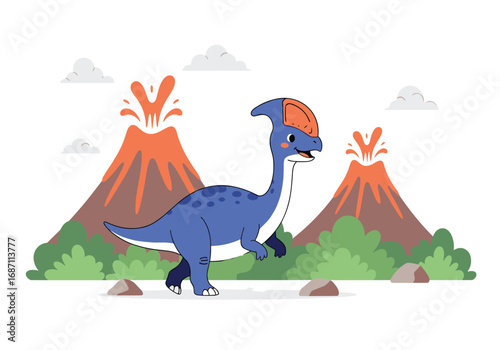 Cute blue dinosaur walking through a prehistoric volcanic landscape