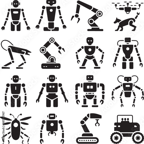 Robot and Drone Icons Silhouette Collection android cyborg