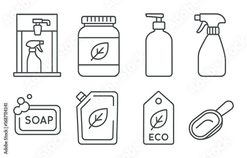 Eco-friendly cleaning product icons with leaf symbols