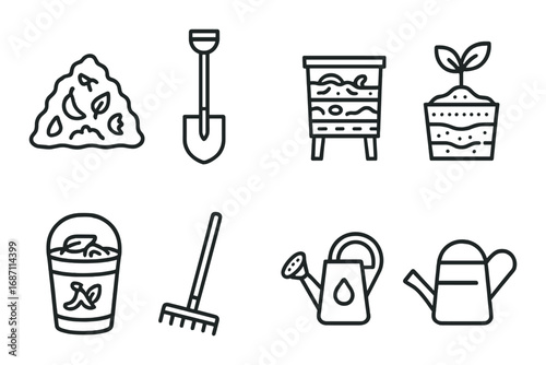 Composting and gardening equipment icons on olive background