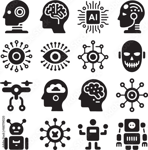 Artificial Intelligence and Robotics Icons Silhouette Collection android cyborg