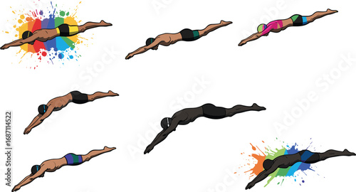 Diving swimmer illustration, colorful splash background, athletic pose, sports motion, diverse swimwear, dynamic water dive