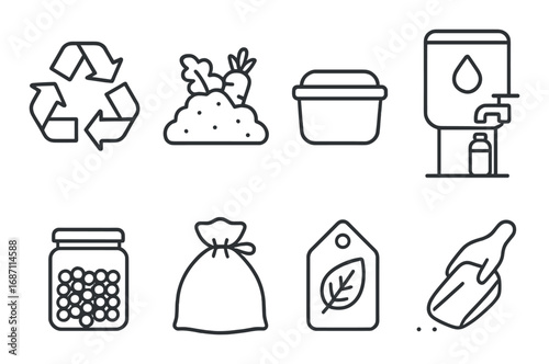 Eco-friendly icons: recycling, composting, water dispenser, and sustainable packaging symbols