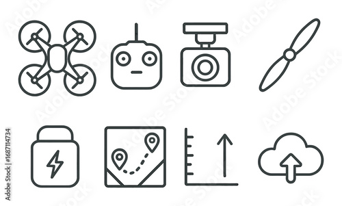 Drone technology icons: drone, controller, camera, propeller, battery, map, altitude, cloud