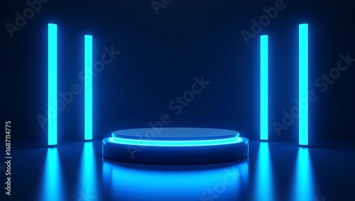 Neon blue product display stand futuristic podium showcase background for product presentation design