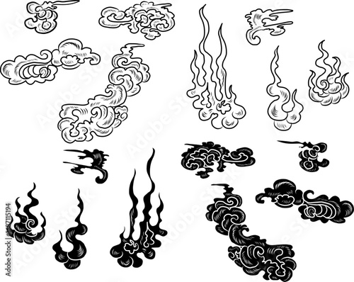 Chinese cloud vector for coloring book and printing on white background.Traditional Japanese culture element for tattoo design and idea.Cloud and wave illustration.Clip art.Fire vector