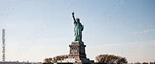The iconic Statue of Liberty stands tall against a clear blue sky, its green patina gleaming in the sunlight 