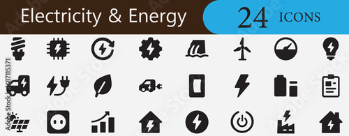 Renewable energy, green energy, solar, wind, eco power, electric car, charging, sustainable technology, electricity and energy icon set vector