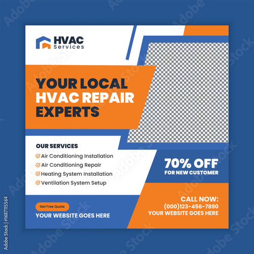 HVAC Repair Service, Air Conditioning Maintenance, Heating and Cooling System Web Banner and Social Media Post Template
