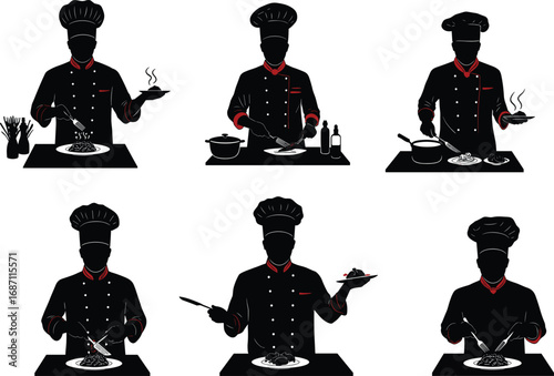 Gourmet chef silhouette, cooking activity, restaurant kitchen, culinary art, food preparation, black uniform, red accent, counter scene