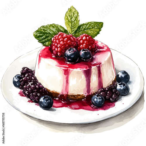 Panna Cotta, watercolor illustration vector, isolated on a white background.