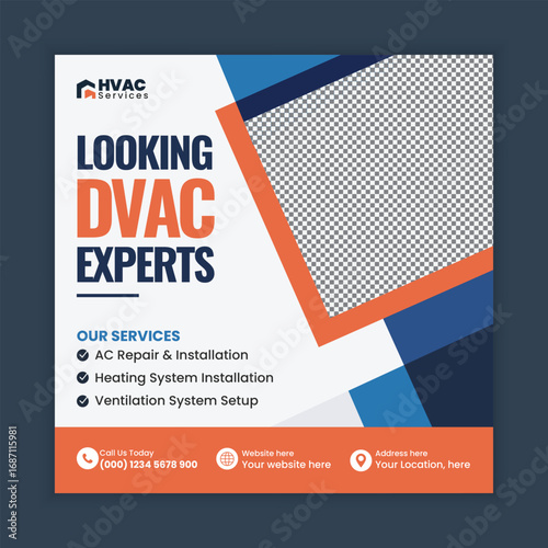HVAC Repair Service, Air Conditioning Maintenance, Heating and Cooling System Web Banner and Social Media Post Template