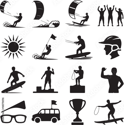 Kitesurfing and victory celebration icons (52) vector