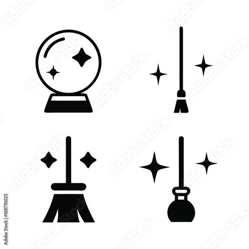 Four black icons featuring a crystal ball and broomsticks with sparkles magic