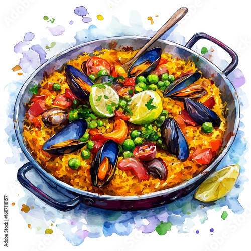 Paella, watercolor clipart vector, isolated on a white background.