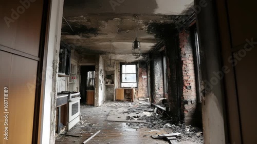 Interior of Burned Apartment with Black Soot on Walls and Ceiling after Fire Accident with Natural Light from Windows and Ruined Furniture