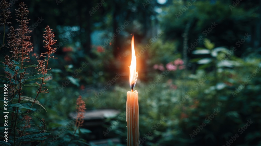 Fototapeta premium Lit Candle with Flame in Garden Setting