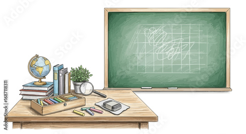 Watercolor School Desk Illustration with Blackboard and Study Materials