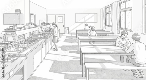  Monochromatic illustration depicts a school cafeteria scene during lunch break