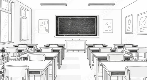 A Classroom Illustration of Empty Desks and Chalkboard for Educational Themes