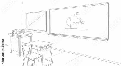 A Hand-Drawn Classroom Scene with Whiteboard and Projector Illustration