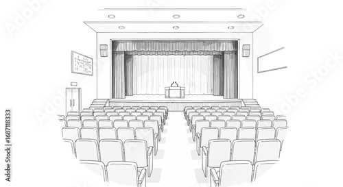 A Hand Drawn Sketch of an Empty Auditorium with Stage and Seating
