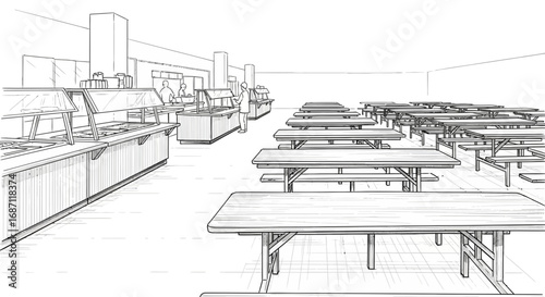 A Minimalist Sketch of a School Cafeteria Interior with Empty Tables