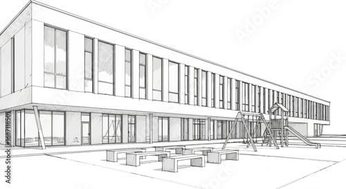 Architectural rendition of a modern school building with play area design