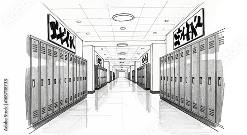 Artistic Perspective View of Empty School Hallway with Lockers and Signs