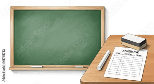 Back to school illustration with blank green chalkboard and desk setup