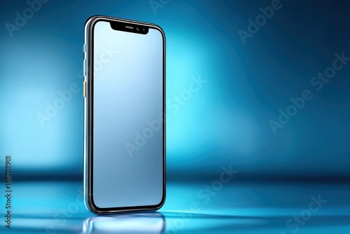 Smartphone with blank screen, standing in lower left position, against a blurred blue gradient background, product shot, clean, modern, minimalist, mockup