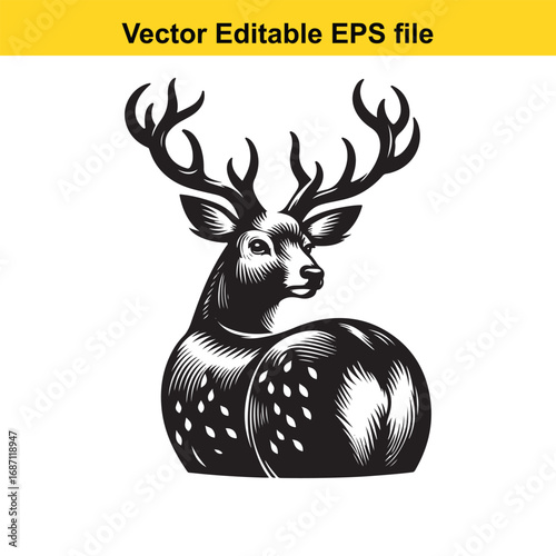 Black and white illustration of a deer with large antlers, isolated on white background