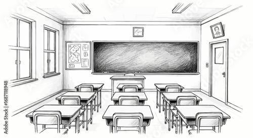 Classic classroom illustration with desks, chalkboard, and educational details