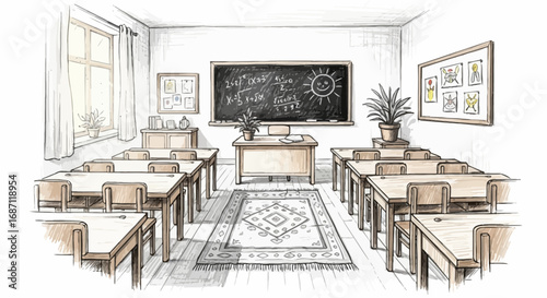 Charming Sketch of a Classroom Scene with Desks, Blackboard, and Sunlight