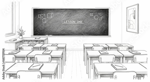 Classroom Illustration with Empty Desks and Blackboard Ready for First Lesson