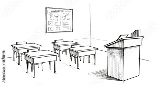 Classroom sketch illustration with desks, podium and instructional board