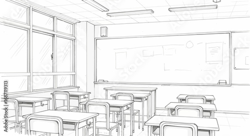 Clean monochrome sketch of a classroom, showcasing desks and a whiteboard