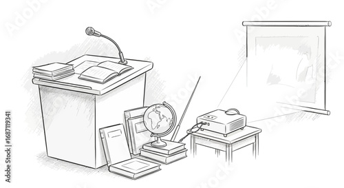 Conceptual classroom sketch with podium, projector and world globe illustration
