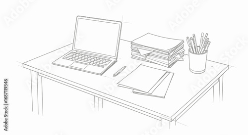 Conceptual workspace illustration featuring a laptop, papers, and pencils