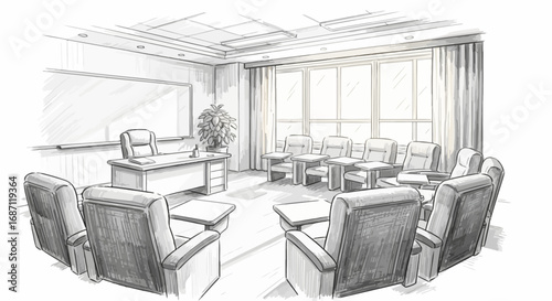 Conference room sketch with modern furnishings and layout design idea