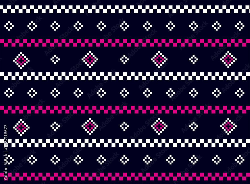 Fototapeta premium Vibrant fuchsia and white geometric pixel art pattern on a dark blue background, offering a contemporary take on traditional textile designs for modern projects