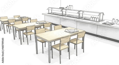Depiction of a cafeteria's interior with tables and serving counter in sketch