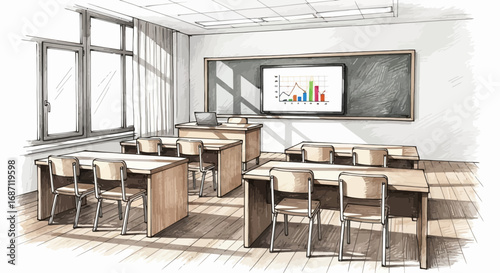 Detailed Classroom Sketch with Charts and Wood Accents for Creative Projects