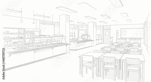 Detailed monochrome sketch capturing a minimalist school cafeteria scene