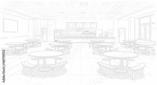 Detailed monochromatic sketch of a spacious, empty cafeteria interior