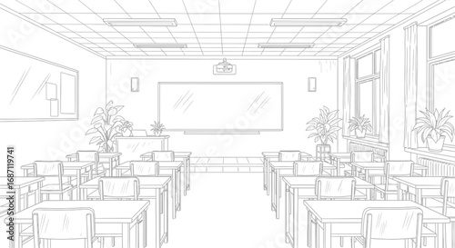 Detailed outline of a classroom with desks and plants for educational content