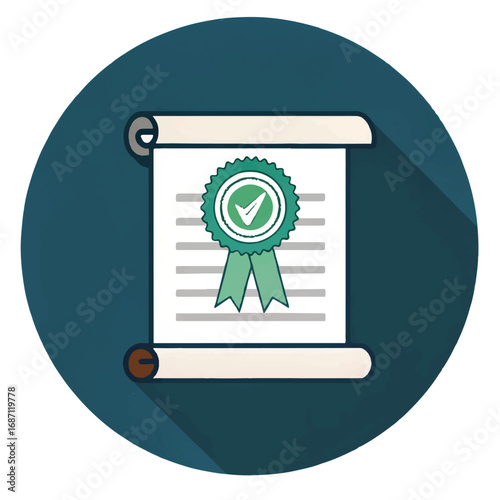 Approved Document: Flat Design Icon, Green Seal of Approval, Certificate of Completion, Achievement, Success.