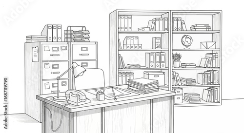 Detailed Sketch Illustration of a Well-Organized Office Space in Black and White