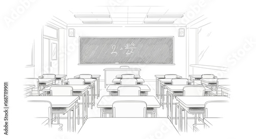 Detailed Sketch of a Classroom Interior with Desks and Blackboard Art