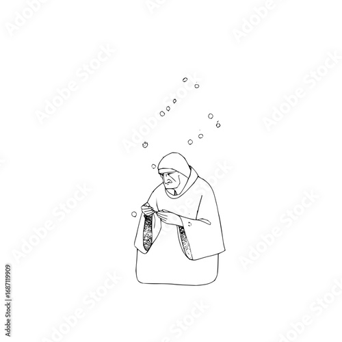 Old man knitting illustration vector art drawing simple line art character design monochrome artwork image